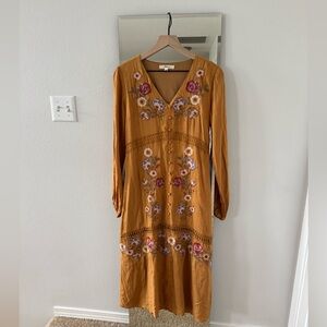 Andree Mustard Embroidered Long Sleeve Maxi Dress